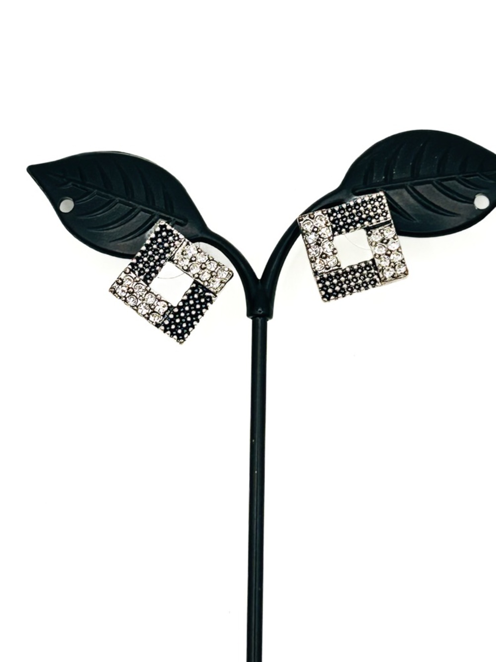 Vintage 90s Mod Checkerboard Stud Earrings – Silver Tone & Black Rhinestone